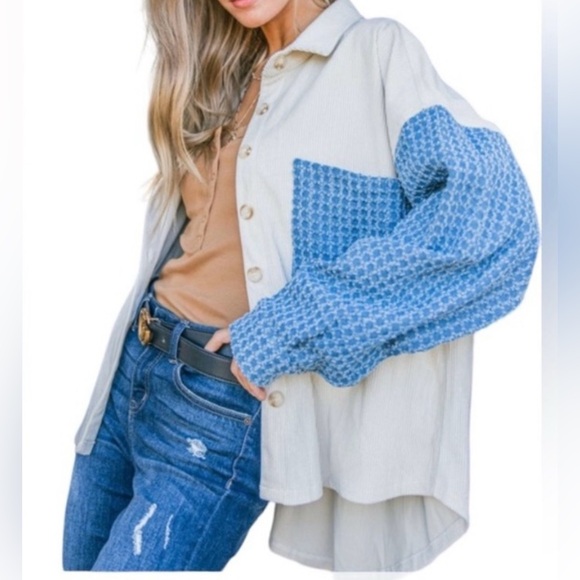 Andthewhy Tops - NWT Andthewhy denim Blue/Cream cordoroy colorblock Button-Down Shirt